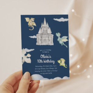 Magical Castle Cute Dragons Kids Birthday Blue Invitation