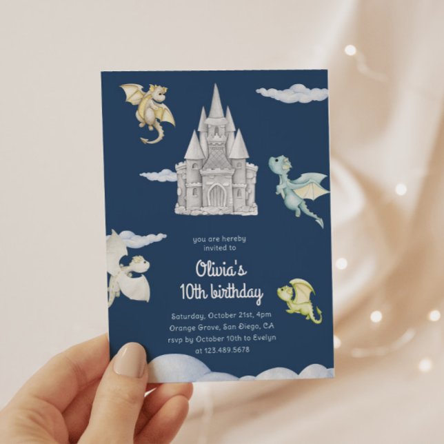 Magical Castle Cute Dragons Kids Birthday Blue Invitation (Creator Uploaded)