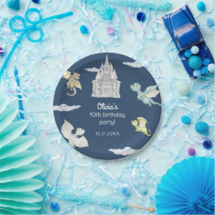 Magical Castle Cute Dragons Kids Birthday Blue Paper Plate