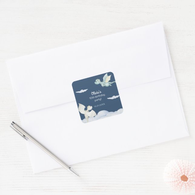 Magical Castle Cute Dragons Kids Birthday Blue Square Sticker (Envelope)