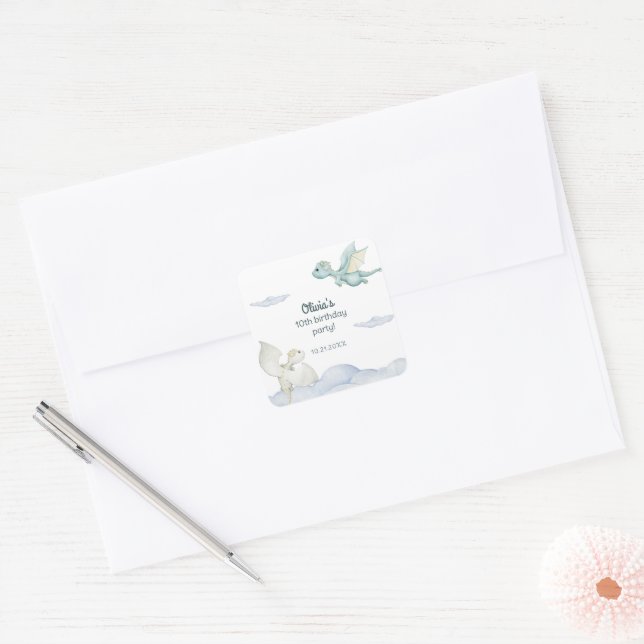 Magical Castle Cute Dragons Kids Birthday Square Sticker (Envelope)