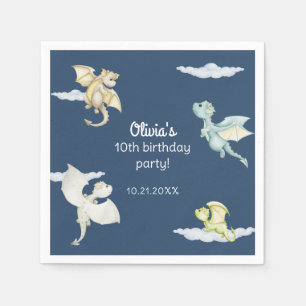 Magical Castle Cute Dragons Kids Blue Birthday Napkin