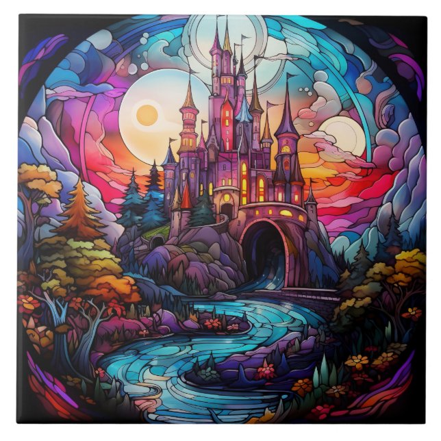 Magical Castle Stained Glass  Ceramic Tile (Front)