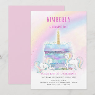 Magical Castle Unicorn Pink Princess 1st Birthday Invitation