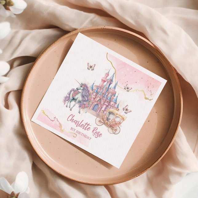 Magical Castle Unicorn Pink Princess 1st Birthday Napkin (Creator Uploaded)