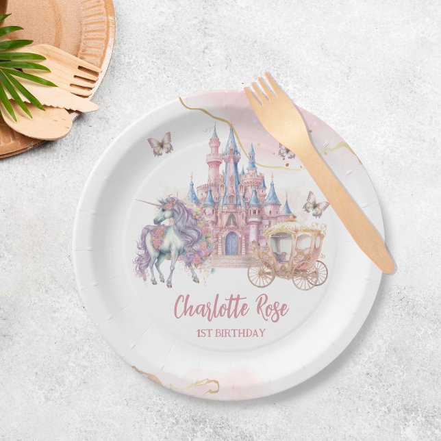 Magical Castle Unicorn Pink Princess 1st Birthday Paper Plate (Creator Uploaded)
