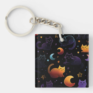 Magical Celestial Cat Pattern with Moons Key Ring