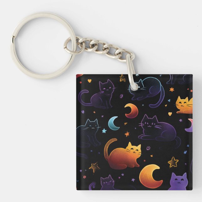 Magical Celestial Cat Pattern with Moons  Key Ring (Front)