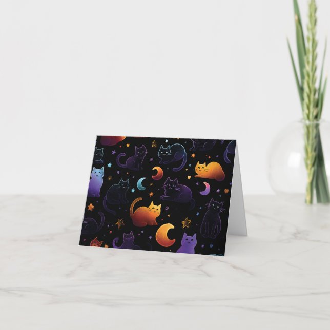 Magical Celestial Cat Pattern with Moons  Note Card (Front)
