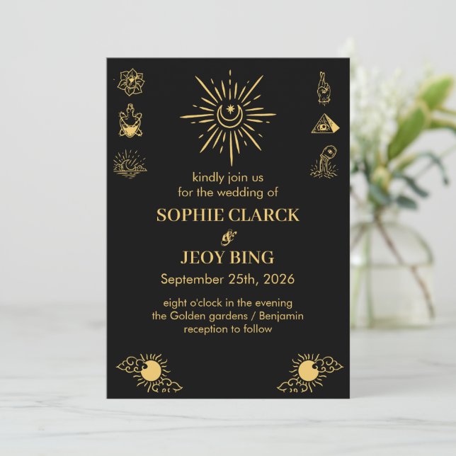 Magical Celestial Starry Night Black Wedding  Invitation (Standing Front)