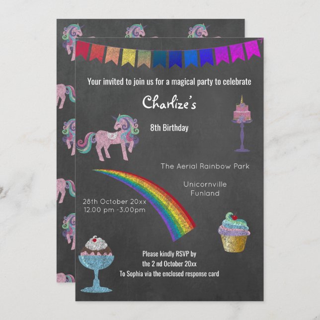 Magical Chalkboard Unicorn Sweets Birthday Party Invitation (Front/Back)
