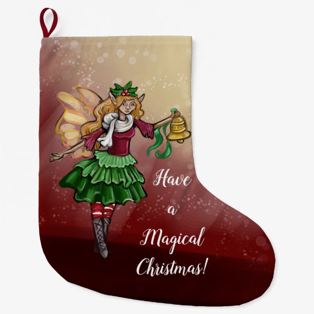 Magical Christmas Bell Fairy Large Christmas Stocking (Front)