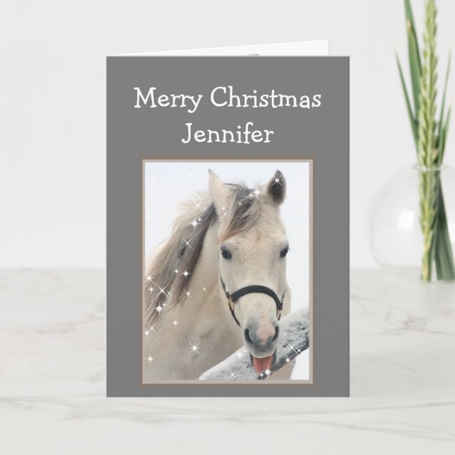 Magical Christmas Custom Name Wishes White Horse Card (Front)