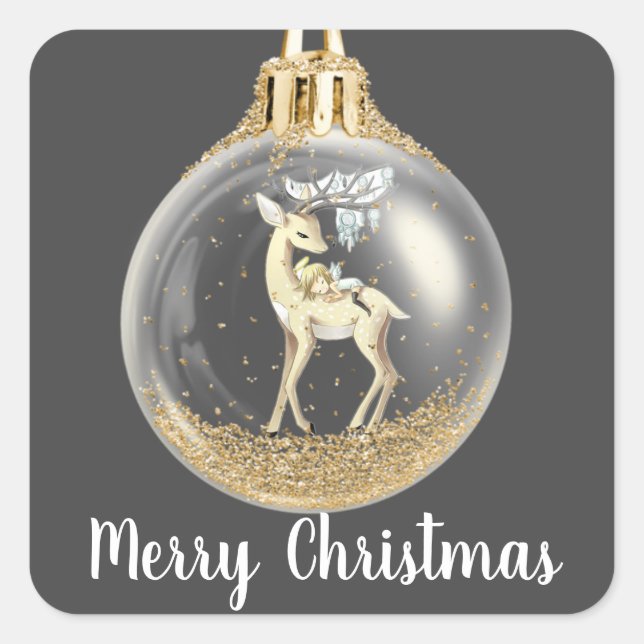 Magical Christmas Deer Scene Ornament Square Sticker (Front)