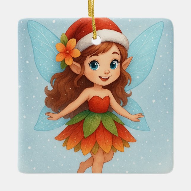 Magical Christmas Fairy, Cute Winter Fairy Ceramic Ornament (Front)