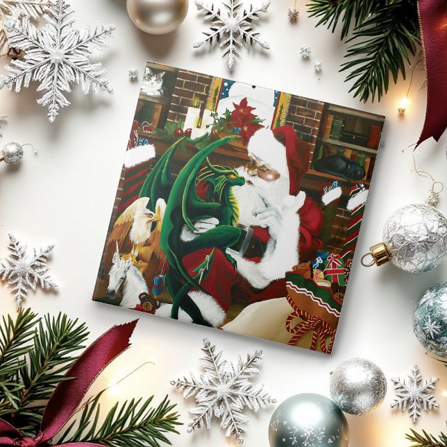 Magical Christmas Fantasy Santa Dragon Yule Cosy Ceramic Tile (Creator Uploaded)