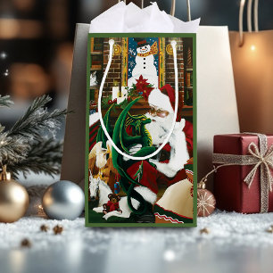 Magical Christmas Fantasy Santa Dragon Yule Cosy Small Gift Bag