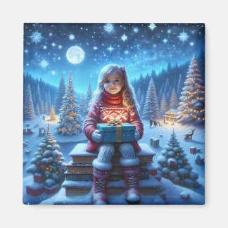 Magical christmas fir forest girl present magnet