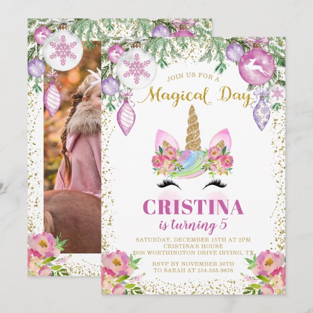 Magical Christmas Floral Unicorn Photo Birthday Invitation (Front/Back)