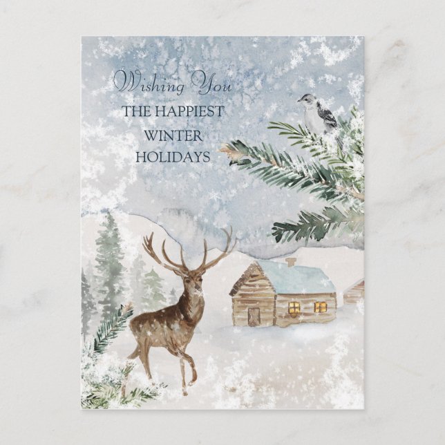 Magical Christmas Forest Deer Bird  Postcard (Front)