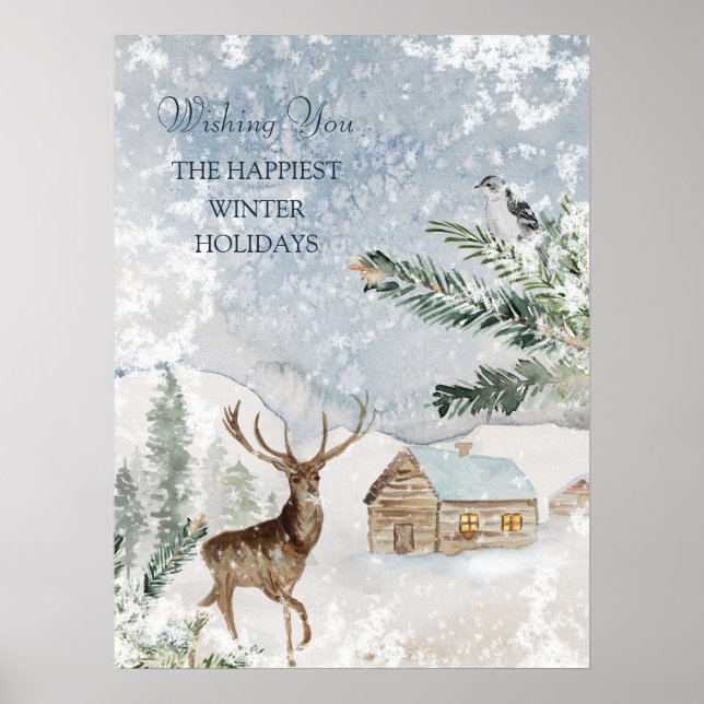 Magical Christmas Forest Deer Bird Poster (Front)