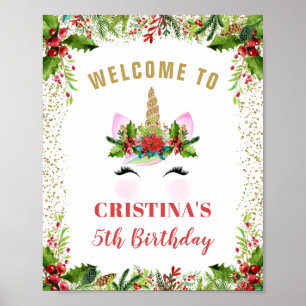 Magical Christmas Holly Berries Unicorn Welcome Poster