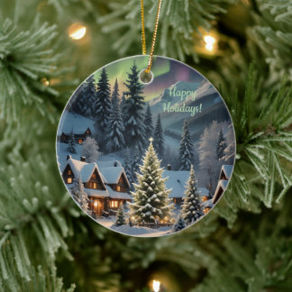 Magical Christmas, Mountain Village, Polar Lights Ceramic Ornament