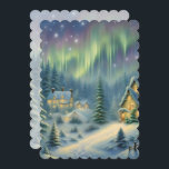 Magical Christmas night in the forest under stars<br><div class="desc">This card features a snowy winter forest at night with stars and auroras in the sky. The houses are brightly lit. Send Christmas greetings to your family and friends! Custom text and back.</div>