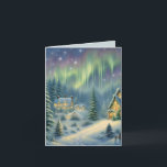 Magical Christmas night in the forest under stars  Holiday Card<br><div class="desc">This card features a snowy winter forest at night with stars and auroras in the sky. The houses are brightly lit. Send Christmas greetings to your family and friends! Custom text and colour (inside).</div>