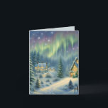 Magical Christmas night in the forest under stars  Holiday Card<br><div class="desc">This card features a snowy winter forest at night with stars and auroras in the sky. The houses are brightly lit. Send Christmas greetings to your family and friends! Custom text and colour (inside).</div>