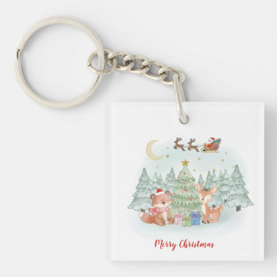 Magical Christmas Night in the Winter Forest Key Ring