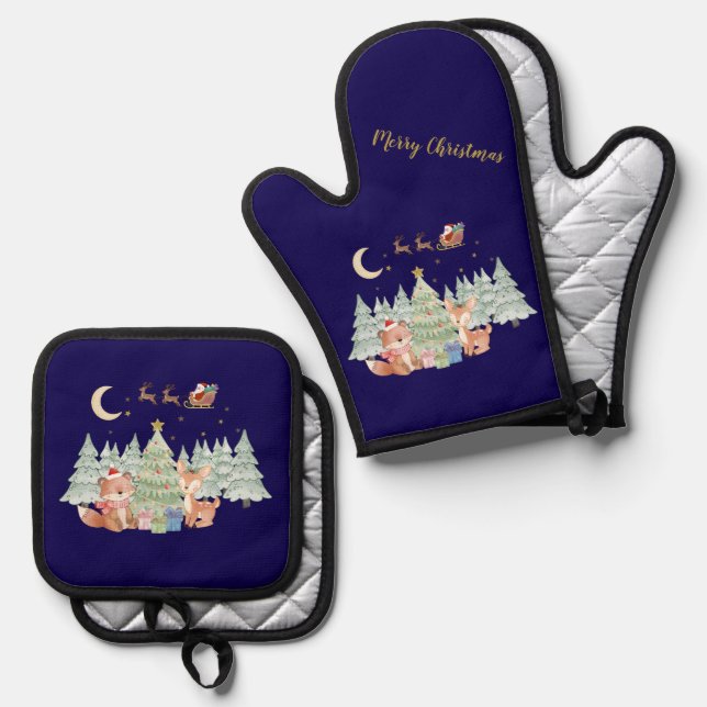 Magical Christmas Night in the Winter Forest Oven Mitt & Pot Holder Set (Front/Back)