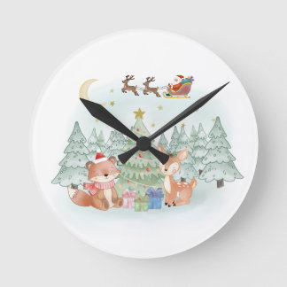 Magical Christmas Night in the Winter Forest Round Clock