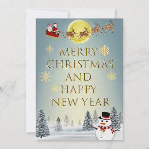 Magical Christmas Night Santa Sleigh and Snowman Holiday Card
