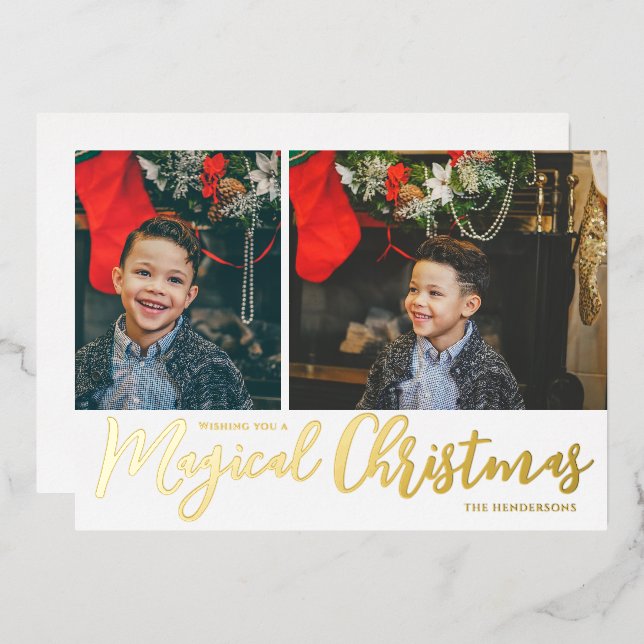 Magical Christmas Photo Collage and White and Gold Foil Holiday Card (Front/Back)