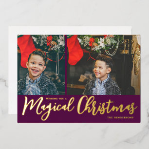 Magical Christmas Photo Collage Purple and Gold Foil Holiday Card