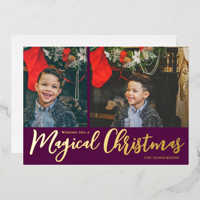 Magical Christmas Photo Collage Purple and Gold Foil Holiday Card (Front/Back)