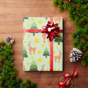 Magical Christmas Reindeers Green Tree and Stars Wrapping Paper