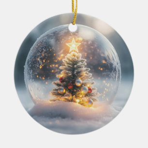 Magical Christmas Snow Globe with Glowing Tree Ceramic Ornament