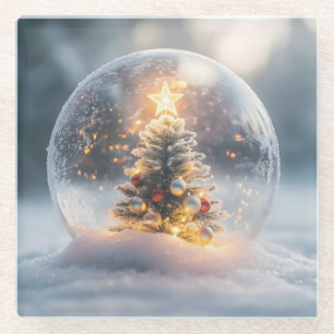 Magical Christmas Snow Globe with Glowing Tree Glass Coaster