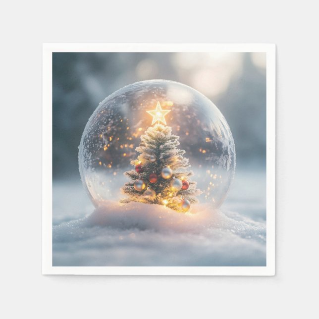 Magical Christmas Snow Globe with Glowing Tree Napkin (Front)