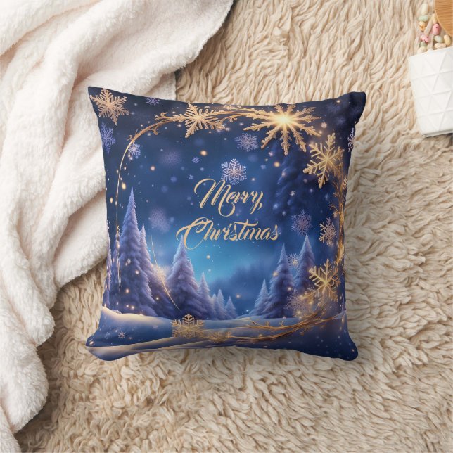Magical Christmas time - golden snowflakes on blue Cushion (Blanket)