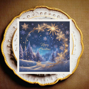 Magical Christmas time - golden snowflakes on blue Napkin