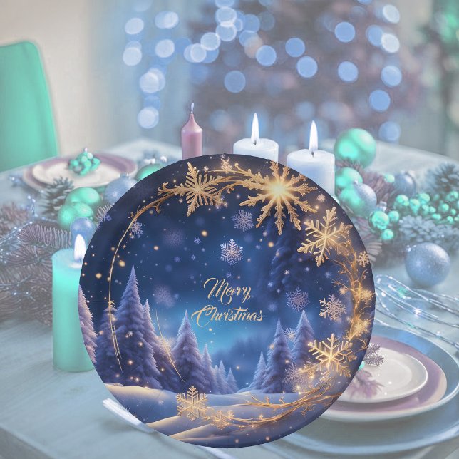 Magical Christmas time - golden snowflakes on blue Paper Plate (Creator Uploaded)