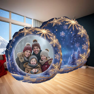 Magical Christmas time - golden snowflakes, photo Round Cushion