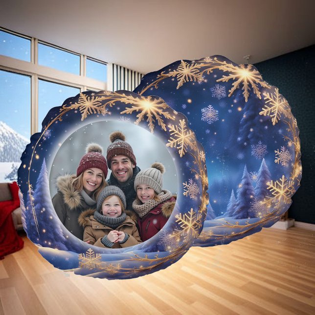 Magical Christmas time - golden snowflakes, photo Round Cushion (Creator Uploaded)