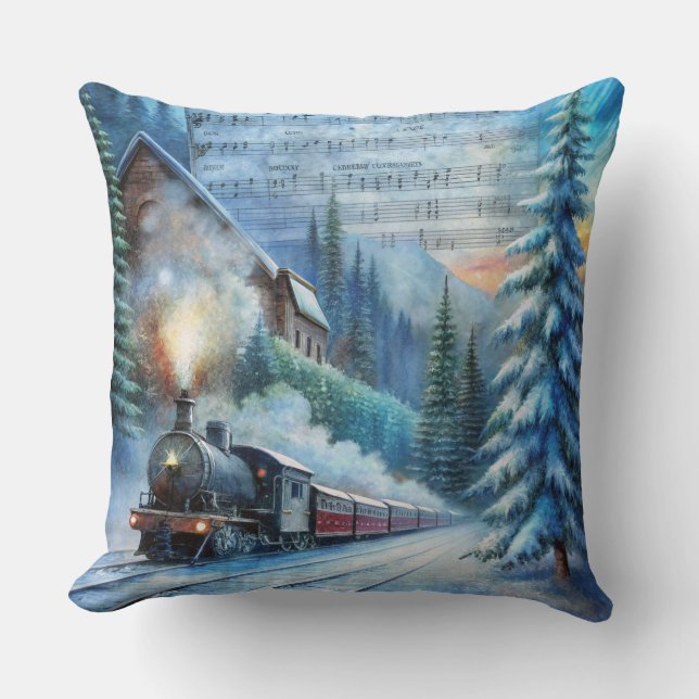 Magical Christmas Train Pillow – Vintage Winter (Front)