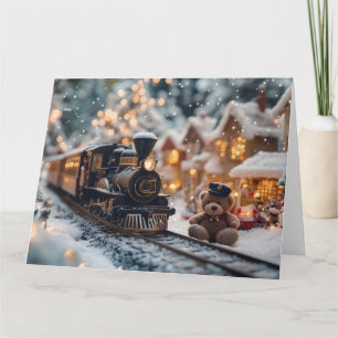 Magical Christmas Train Scene with Teddy Bear  Card