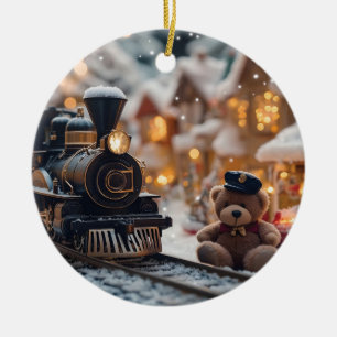 Magical Christmas Train Scene with Teddy Bear  Ceramic Ornament