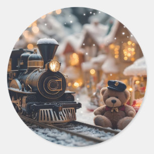 Magical Christmas Train Scene with Teddy Bear  Classic Round Sticker